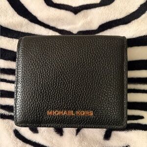 Michael Kors Black Leather Wallet with Gold Logo Zipper Pull